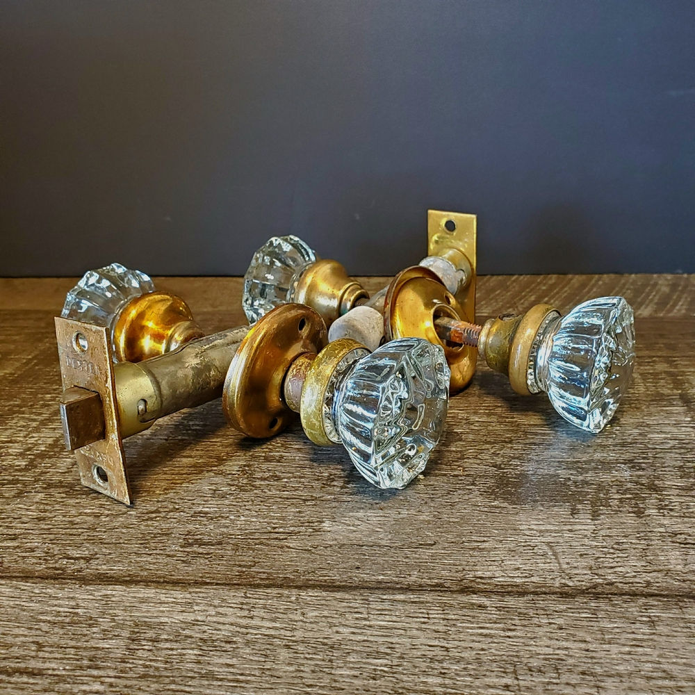 Antique Glass Crystal Door Knob Pair with Brass Hardware